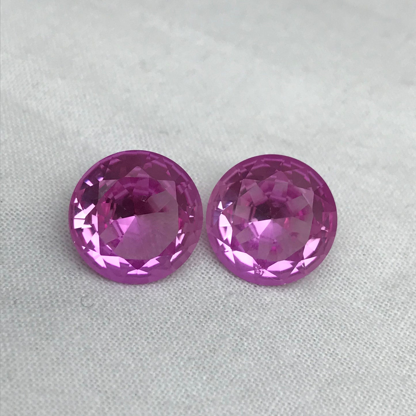 Pair of 14mm Pink Lab Created Sapphire, 20CTW Round Cut, Loose Faceted Gemstone, 10 carats each