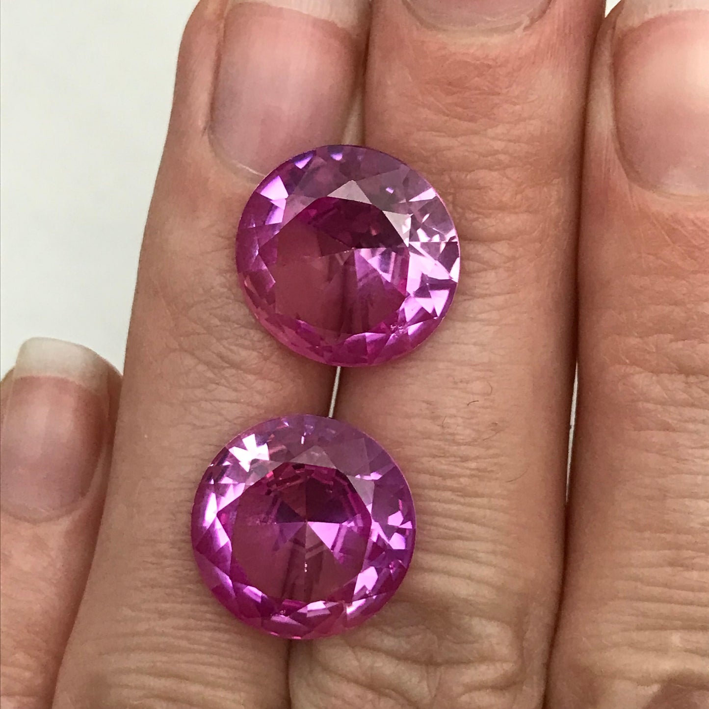 Pair of 14mm Pink Lab Created Sapphire, 20CTW Round Cut, Loose Faceted Gemstone, 10 carats each