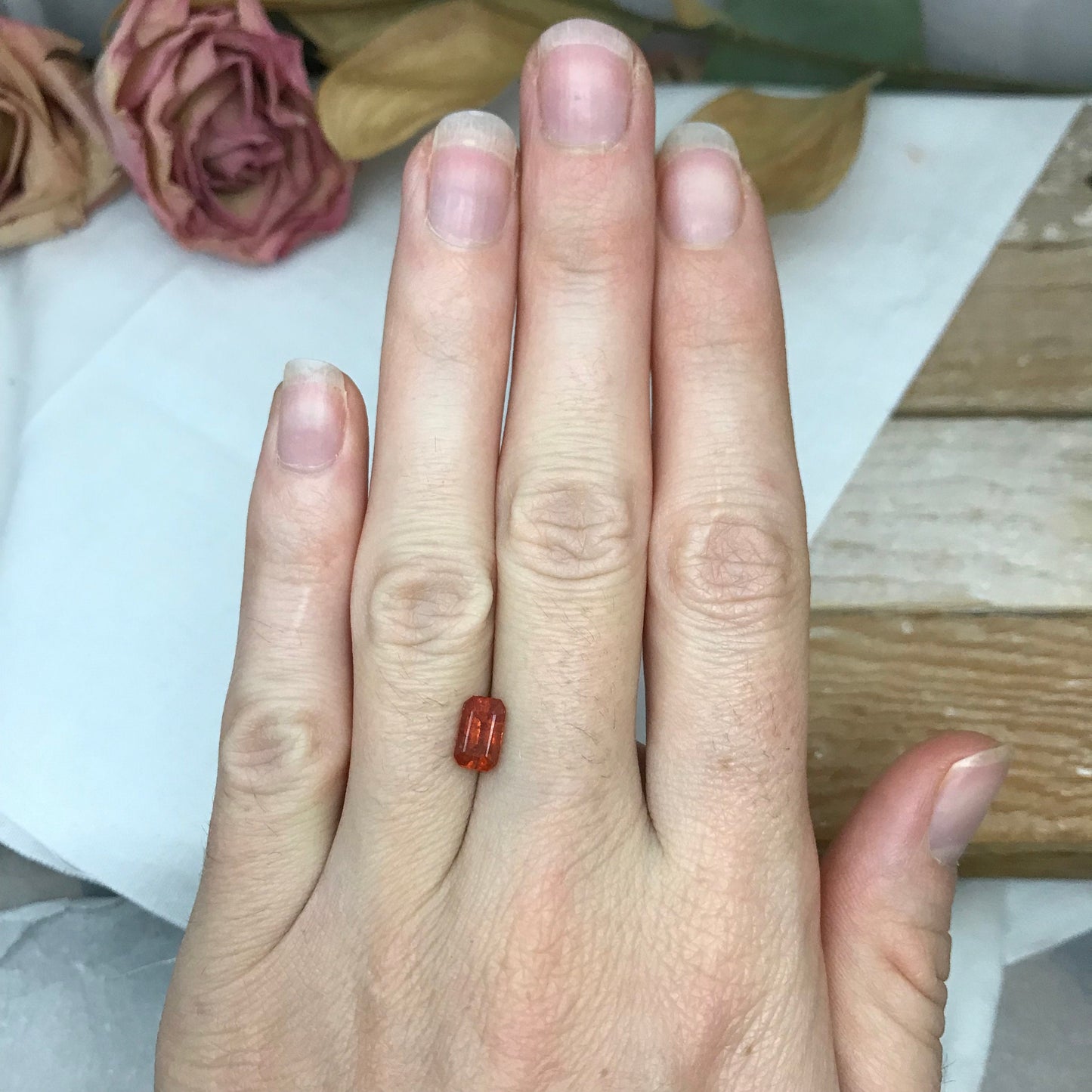 1.57 ct Natural Orange Sapphire 7.7x4.7mm Emerald Cut Loose Faceted Gem, Reddish Orange Beryllium Treated Sapphire