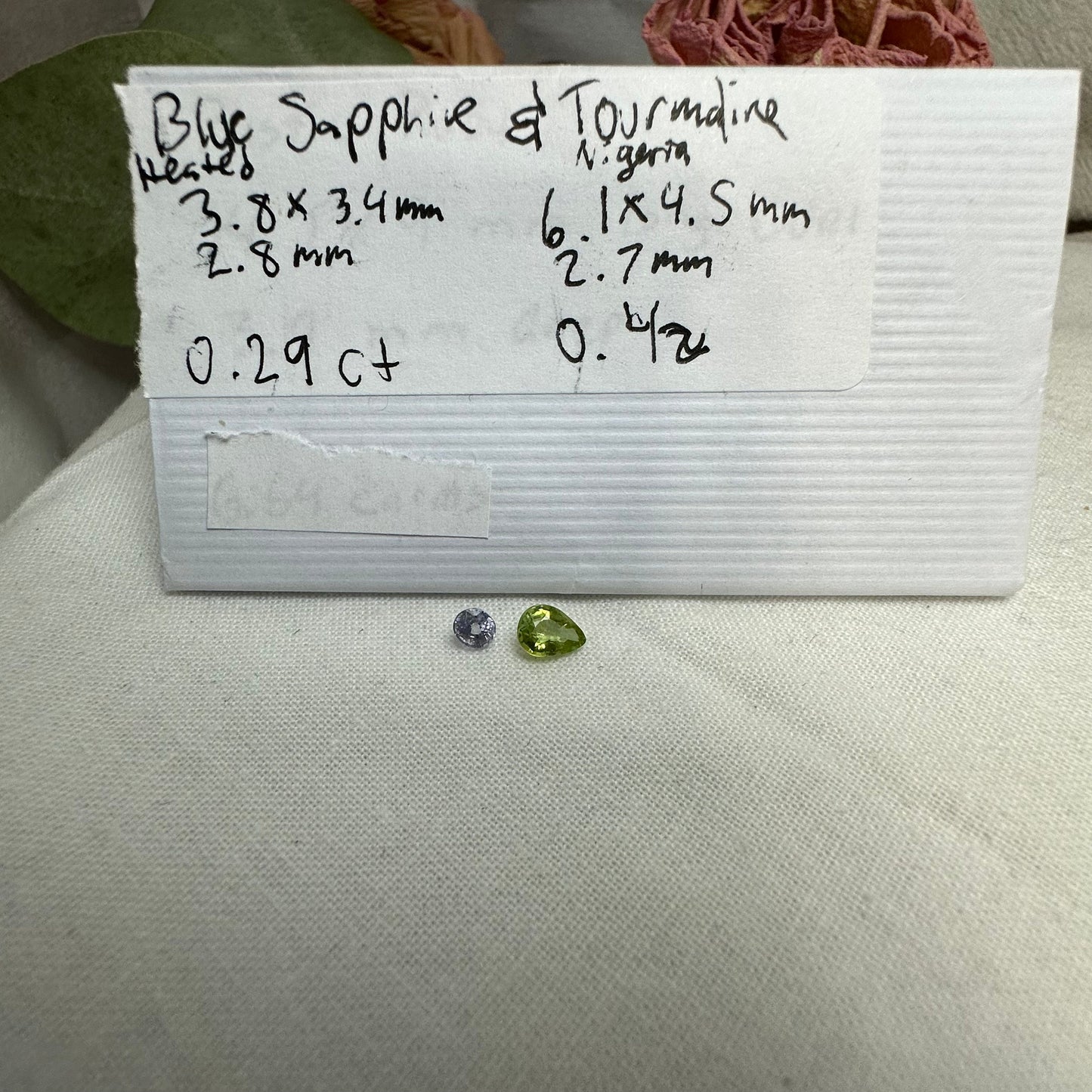 Natural Blue Light Sapphire and Green Tourmaline Parcel, 6x4.5mm Pear cut Tourmaline and 3.8x3.4mm Sapphire