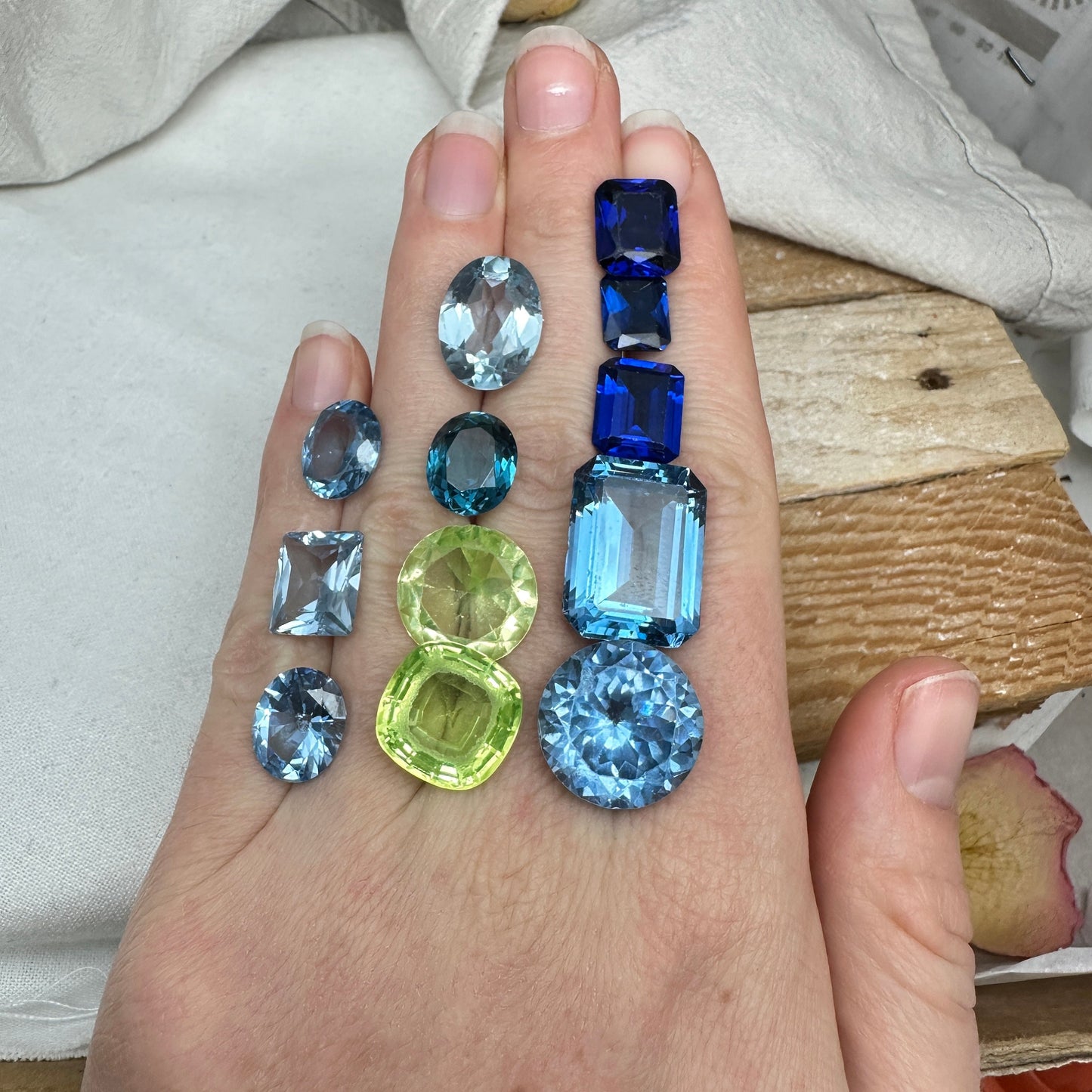 116 carat Lot of Lab Created Spinel 12 stones, Discounted Worn, Faceted, Recycled, Chipped, Damaged Gemstones, Blue and Yellow Green