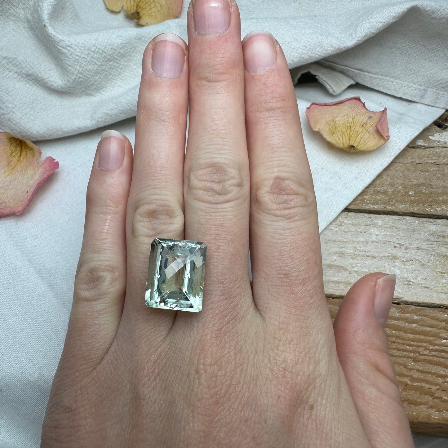 16 carat Prasiolite (Light Green Quarts) 16.4x13.5mm Rectangle Octagon, Imperfect- Chip