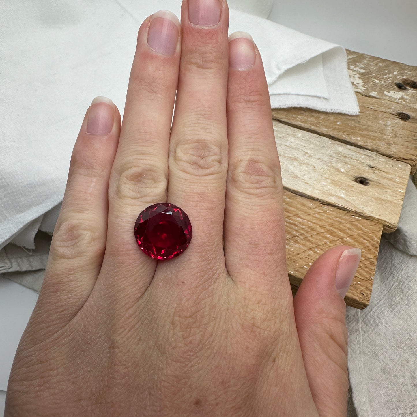14.7mm Synthetic Ruby Round  14.69 Carat, Lab Created Red Ruby, Recycled Gem