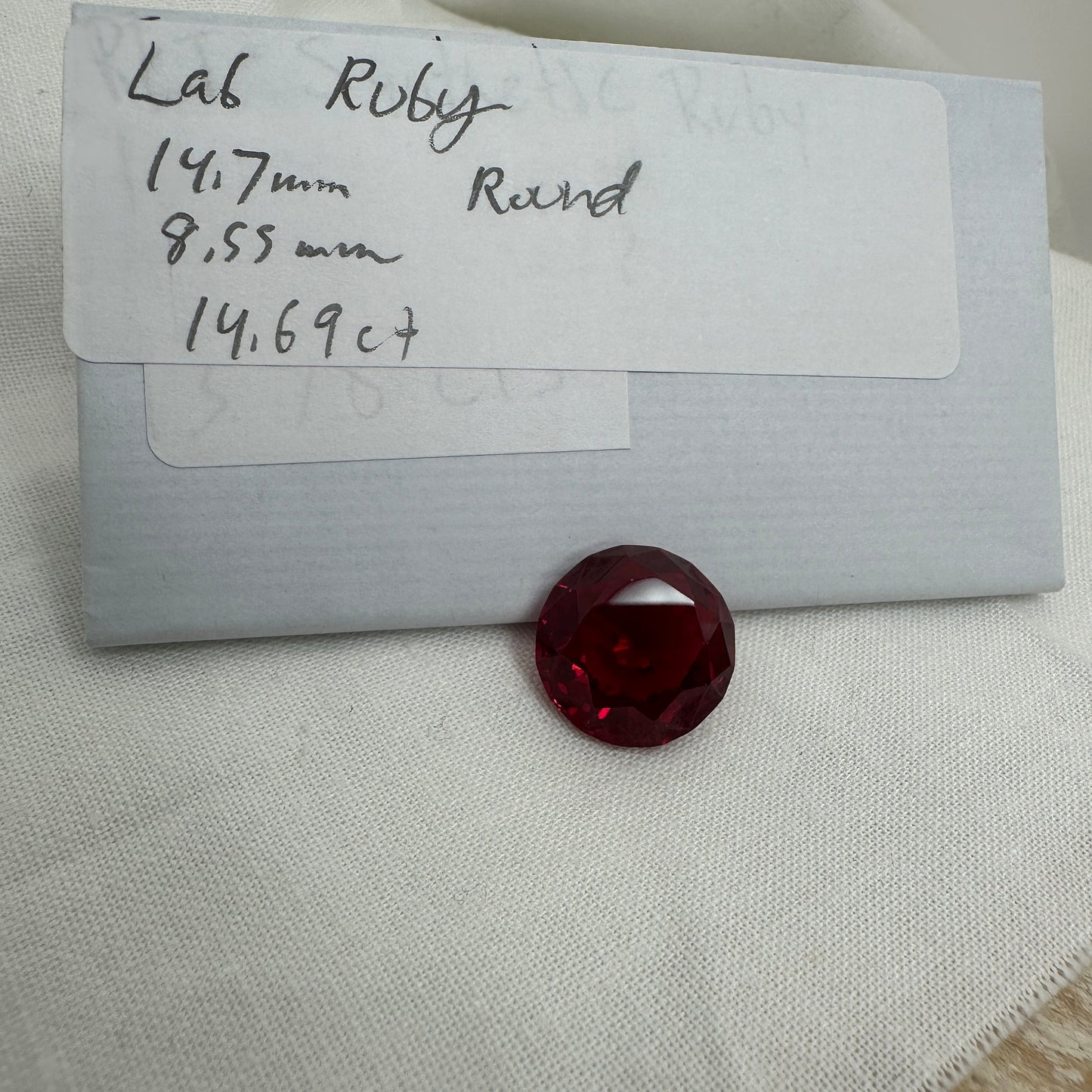 14.7mm Synthetic Ruby Round  14.69 Carat, Lab Created Red Ruby, Recycled Gem