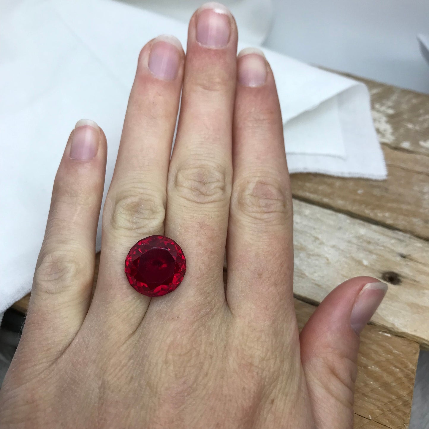 14.7mm Synthetic Ruby Round  14.69 Carat, Lab Created Red Ruby, Recycled Gem