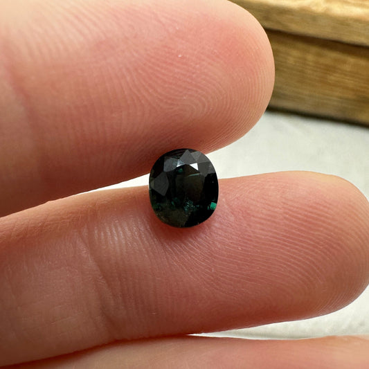 1.26 Carat Natural Blue Green  Sapphire 6.5x5.7mm Oval Cut, Dark Bluish Green Faceted Loose Heated Corundum