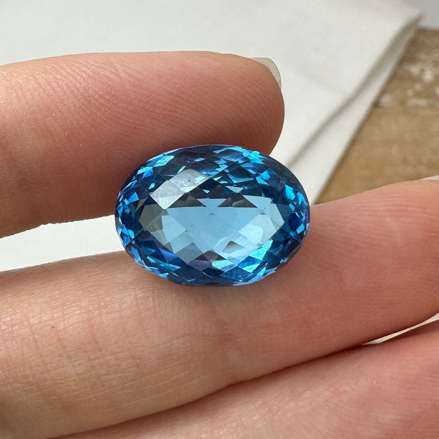 13.88 carat Swiss Blue Topaz 16x12mm Oval Checkerboard Cut, Faceted December Birthstone, Recycled Gems