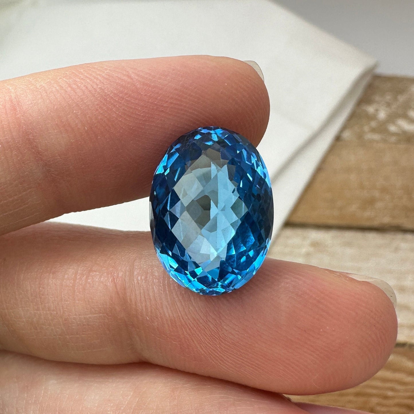 13.88 carat Swiss Blue Topaz 16x12mm Oval Checkerboard Cut, Faceted December Birthstone, Recycled Gems