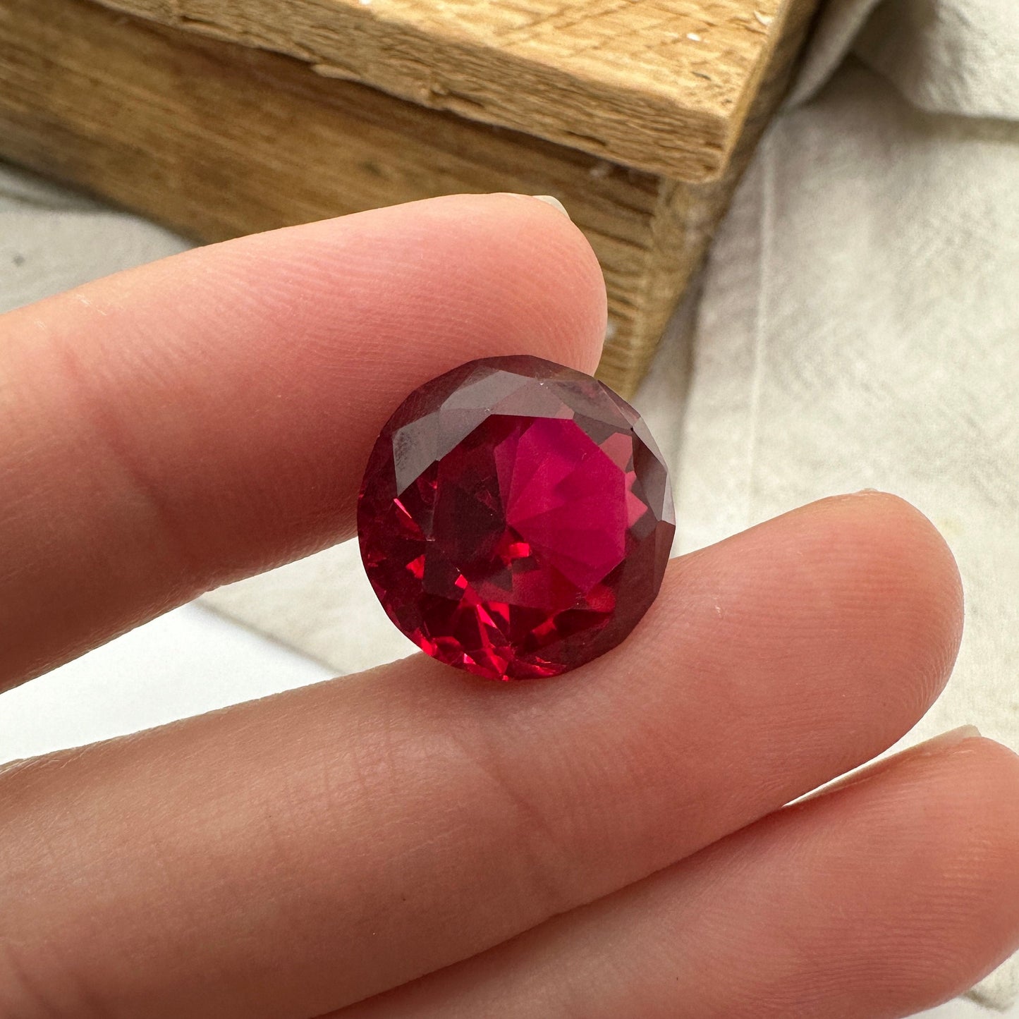 14.7mm Synthetic Ruby Round  14.69 Carat, Lab Created Red Ruby, Recycled Gem