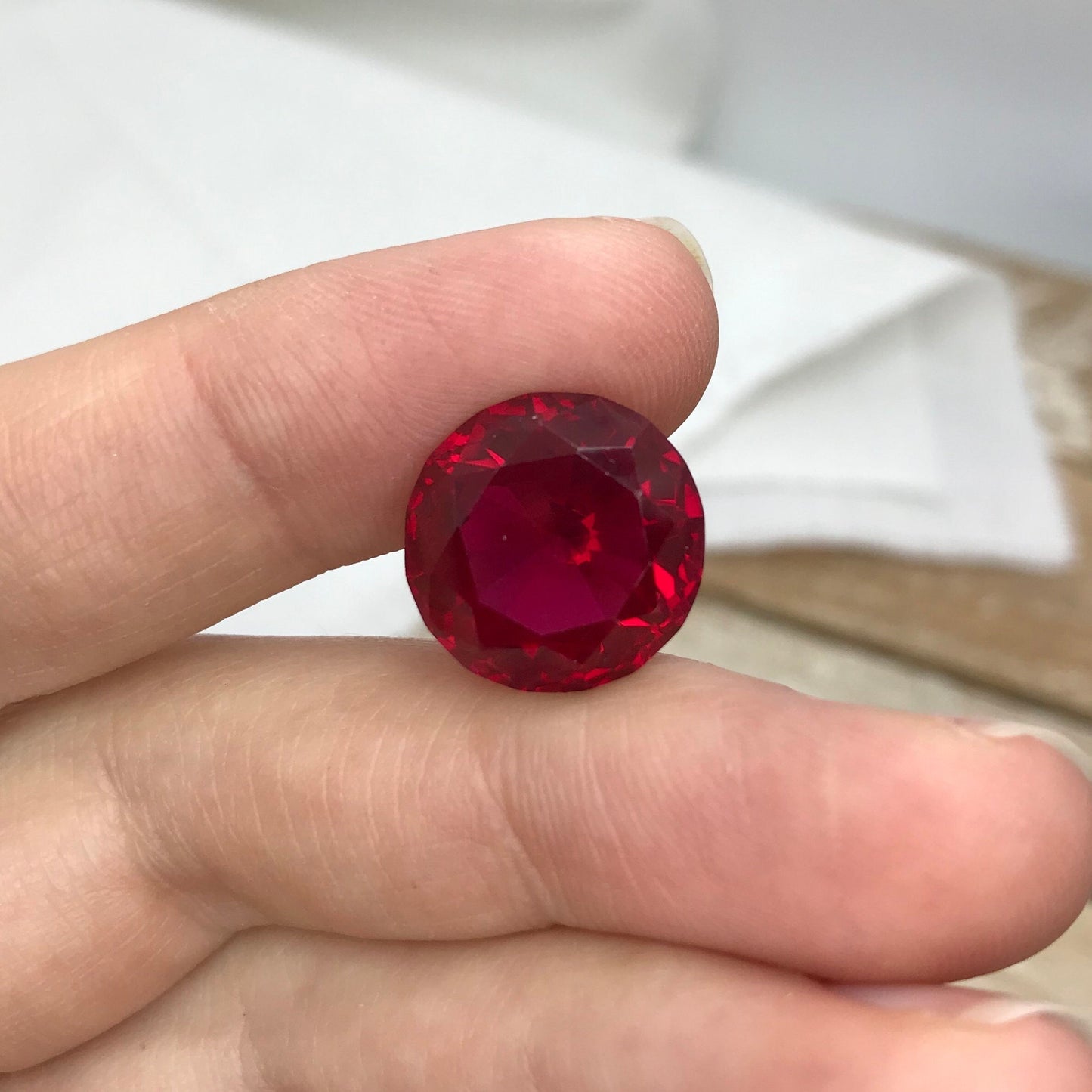 14.7mm Synthetic Ruby Round  14.69 Carat, Lab Created Red Ruby, Recycled Gem