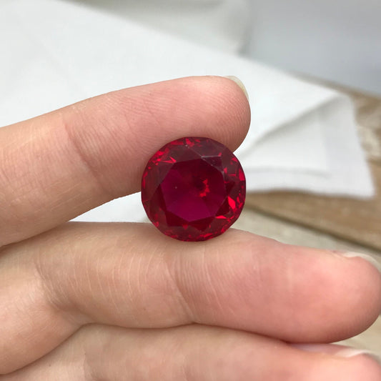 14.7mm Synthetic Ruby Round  14.69 Carat, Lab Created Red Ruby, Recycled Gem