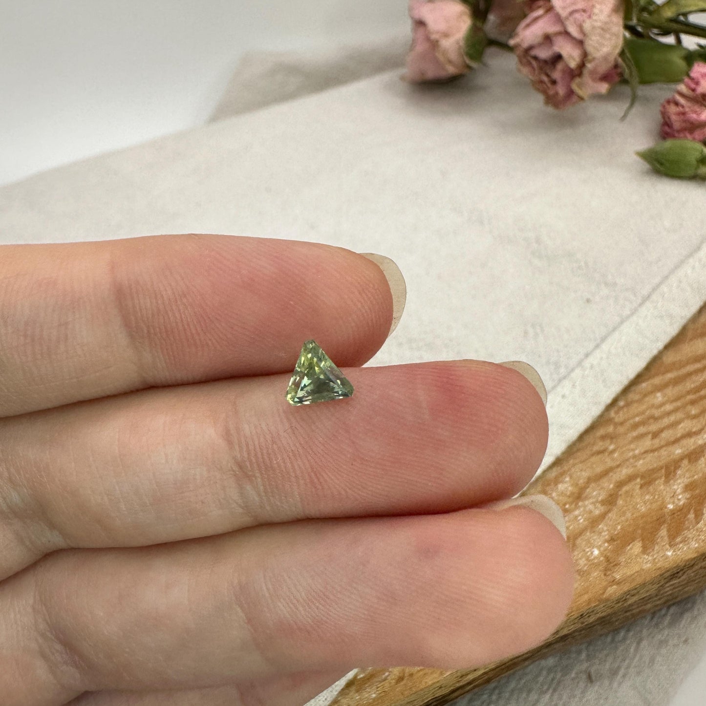 0.68 Carat Yellowish Green Montana Sapphire 5mm Triangle Cut, Natural Unheated Faceted Loose