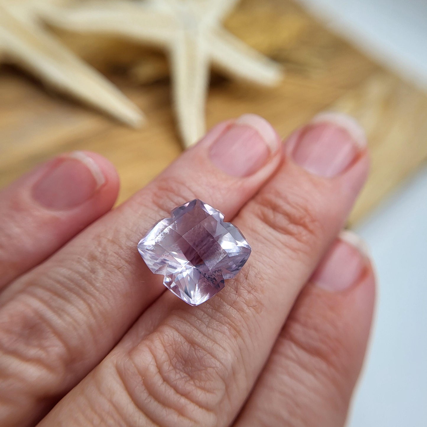 13mm Lavender Quartz, 8.52 Carat, Cushion Clover cut, sometimes called "Lavender Amethyst" 12.8mm