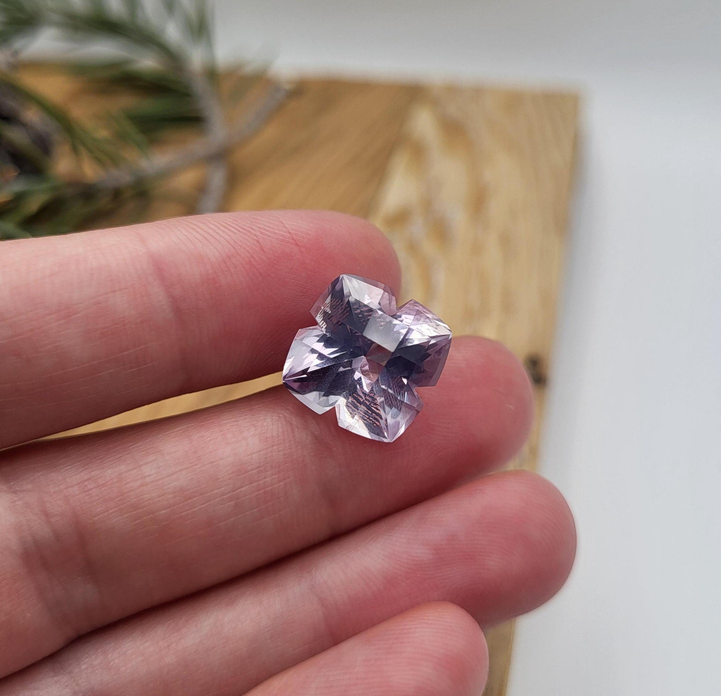 13mm Lavender Quartz, 8.52 Carat, Cushion Clover cut, sometimes called "Lavender Amethyst" 12.8mm
