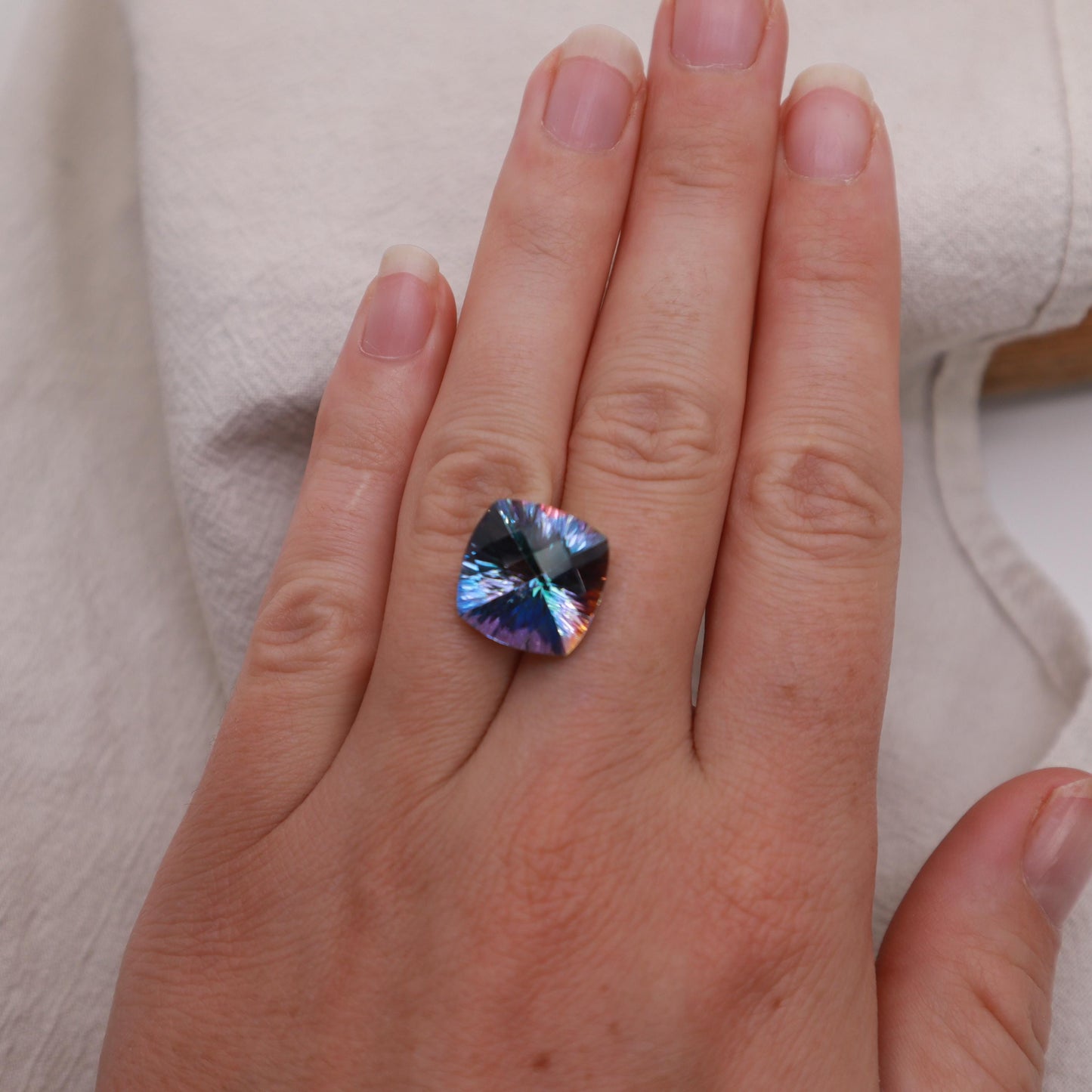 Mystic Topaz 14.22 carat 14mm Checkerboard Cushion Cut, Faceted Loose Multi Color Stone