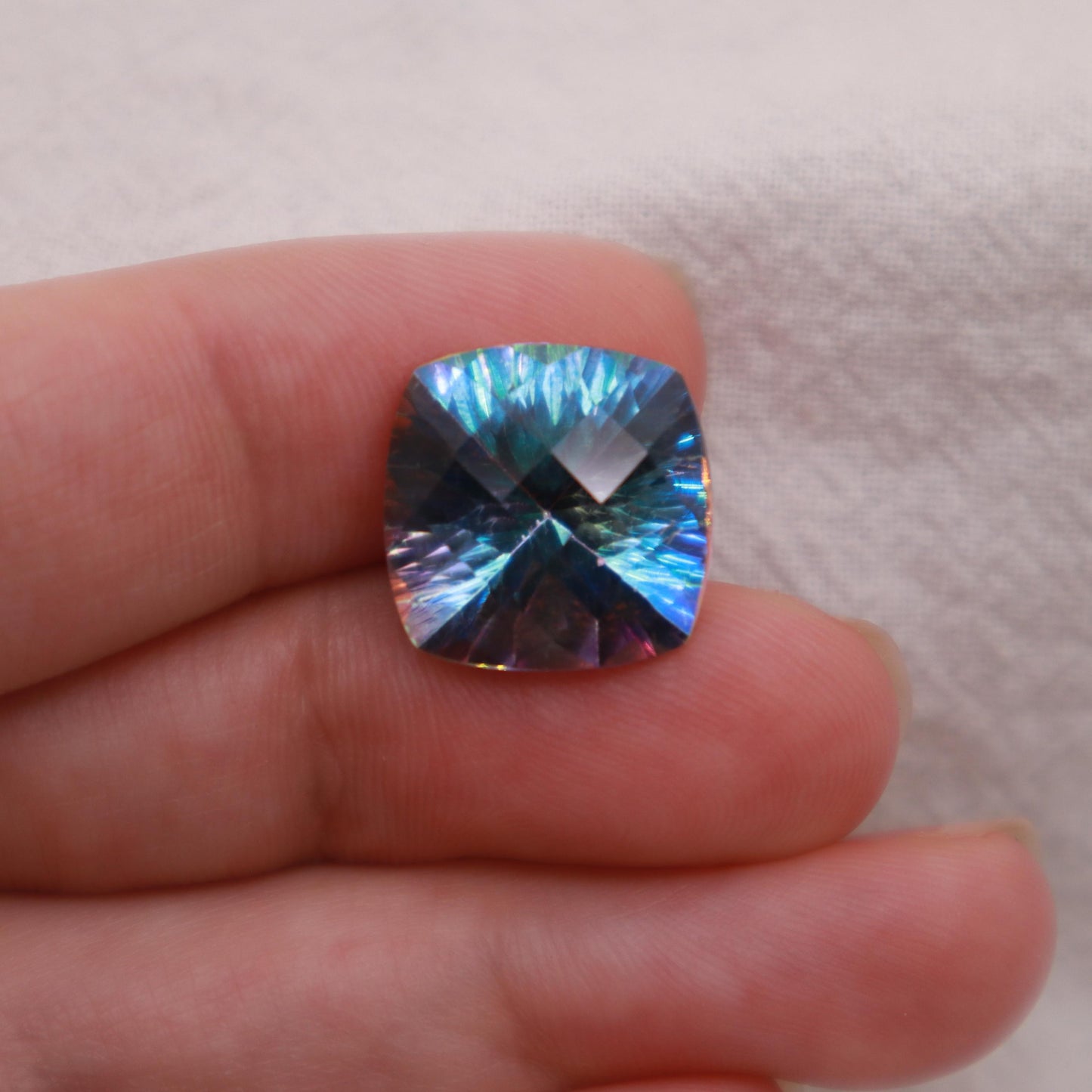 Mystic Topaz 14.22 carat 14mm Checkerboard Cushion Cut, Faceted Loose Multi Color Stone