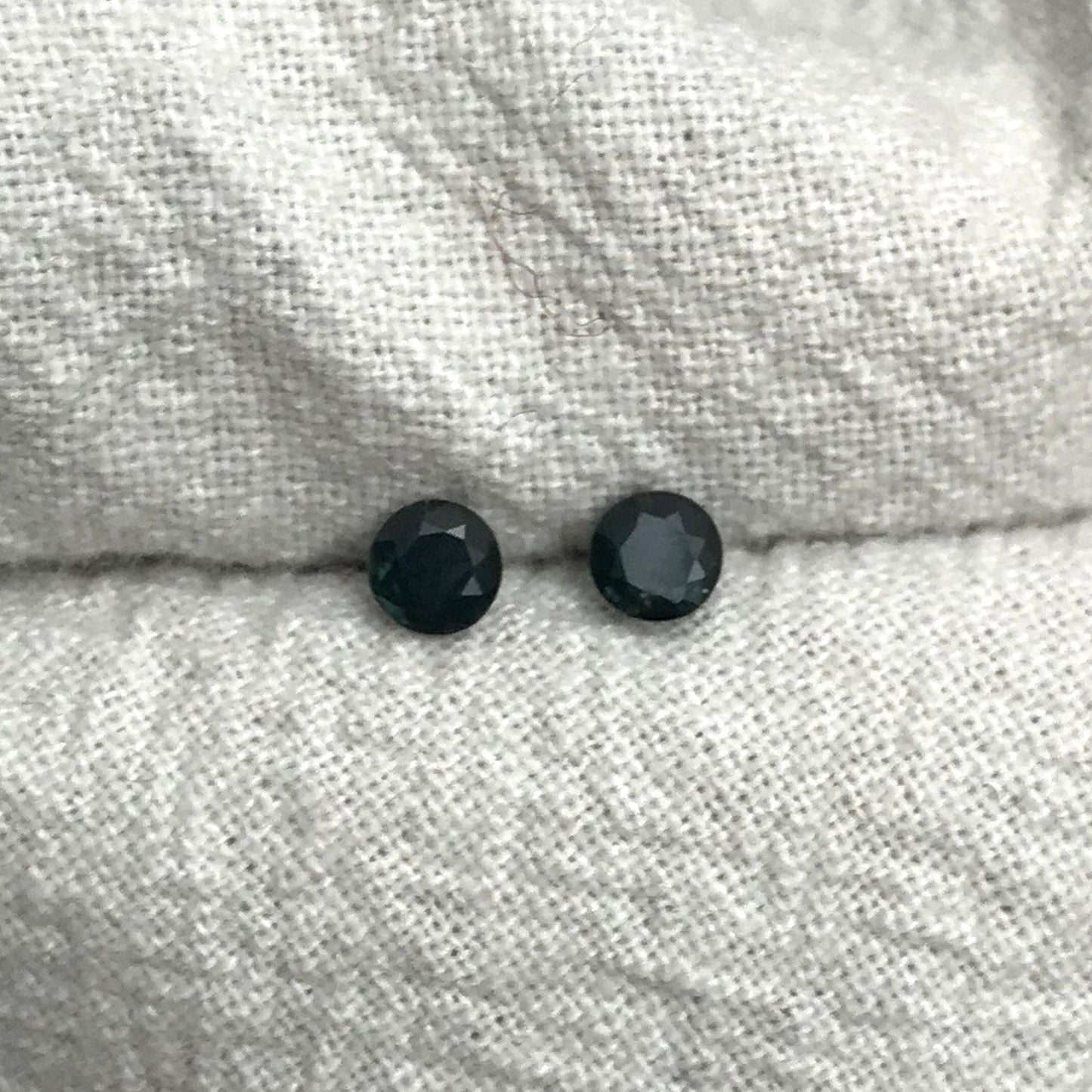 Pair of 3.5mm Natural Sapphire Deep Bluish Green Sapphires, 0.22 ea. 2 Round cut Sapphires, Faceted Stones Heated, 0.45 CTW,