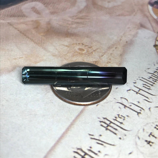 Natural Bi-Color Tourmaline 5.72 carat, 29.5x5mm Long Rectangle Octagon Cut Faceted Loose, Dark Bluish Green - Violet Blue