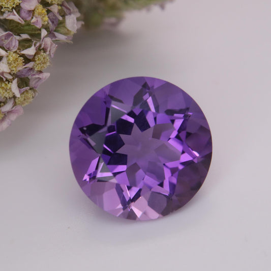15mm Purple Amethyst 11.17 Carat Round Cut, Faceted Loose Gemstone