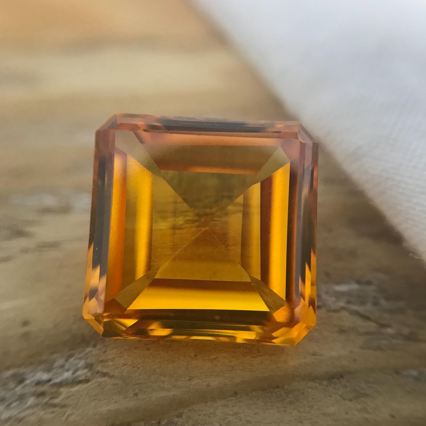 12mm Orangey Yellow Lab Sapphire: 9.66 Carat, Square cut