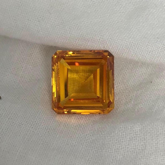 12mm Orangey Yellow Lab Sapphire: 9.66 Carat, Square cut