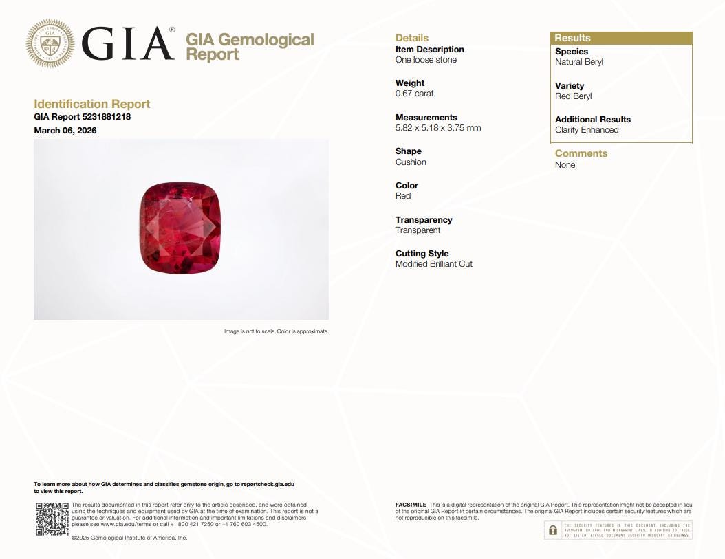 GIA 0.67 carat Red Beryl 5.8x5.2mm Cushion Cut, Natural Utah Bixbite