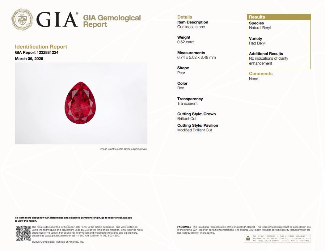 GIA 0.62 carat Red Beryl 6.75x5mm Pear Cut, Natural Utah Bixbite