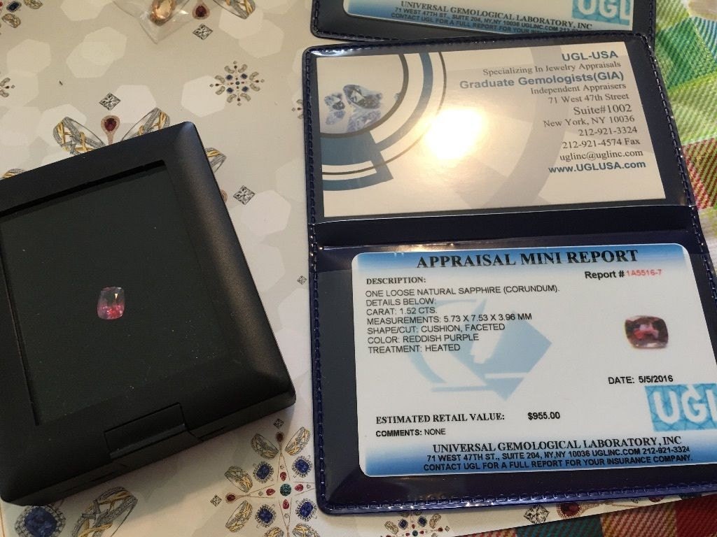 1.50 carats Purple Red Sapphire Certified cushion cut faceted gemstone loose 5.73x7.53 Heated gemstone