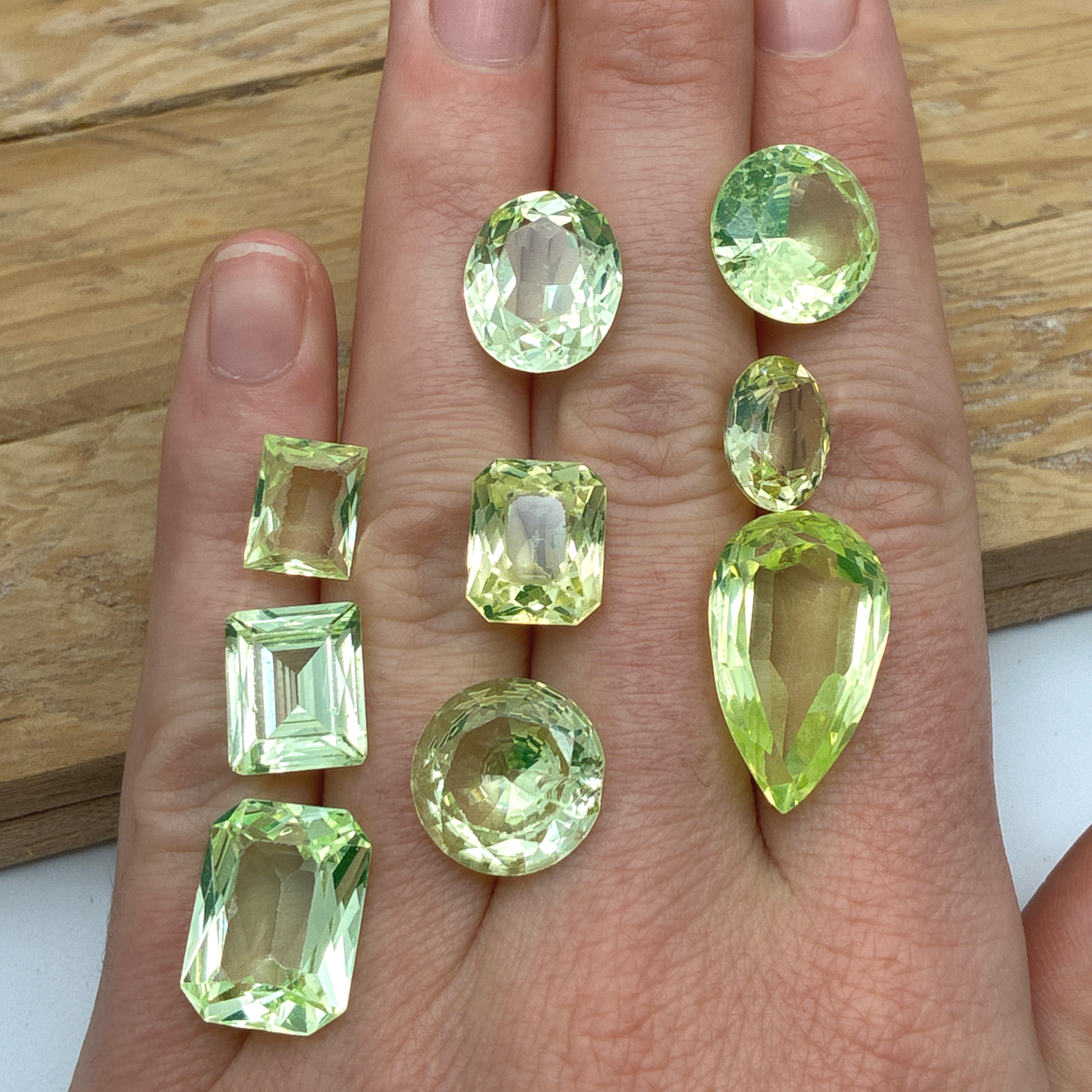 80 carat Lot of Lab Created Spinel 9 stones, Worn, Faceted, Recycled, Neon Green Spinel