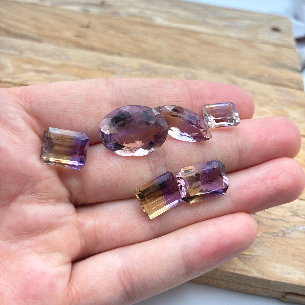 39 carat Lot of Ametrine, Worn Gems, 6 pieces, Faceted, Recycled, Chipped, Preformed Facet Rough, Light Purple and Yellow Bi-Color Quartz