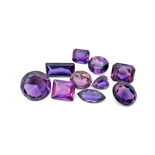 62.9 carat Lot of Lab Created Purple Sapphires , Worn, Faceted, Recycled, Chipped, Damaged Gemstones, 10 Stones