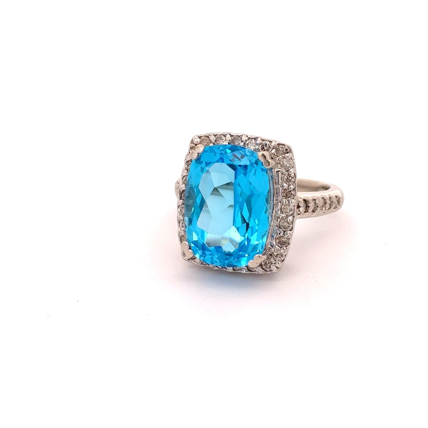 14k White Gold Blue Topaz & Diamond Ring Size 6 3/4