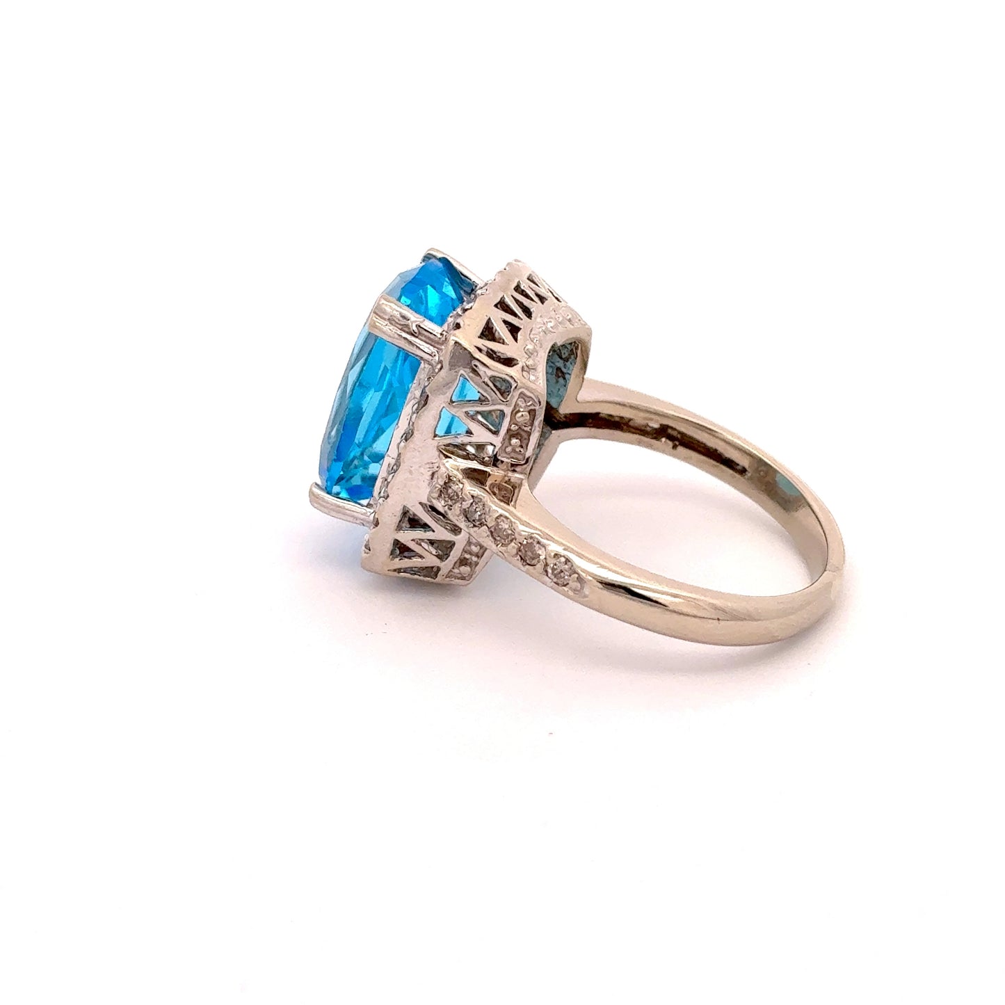 14k White Gold Blue Topaz & Diamond Ring Size 6 3/4