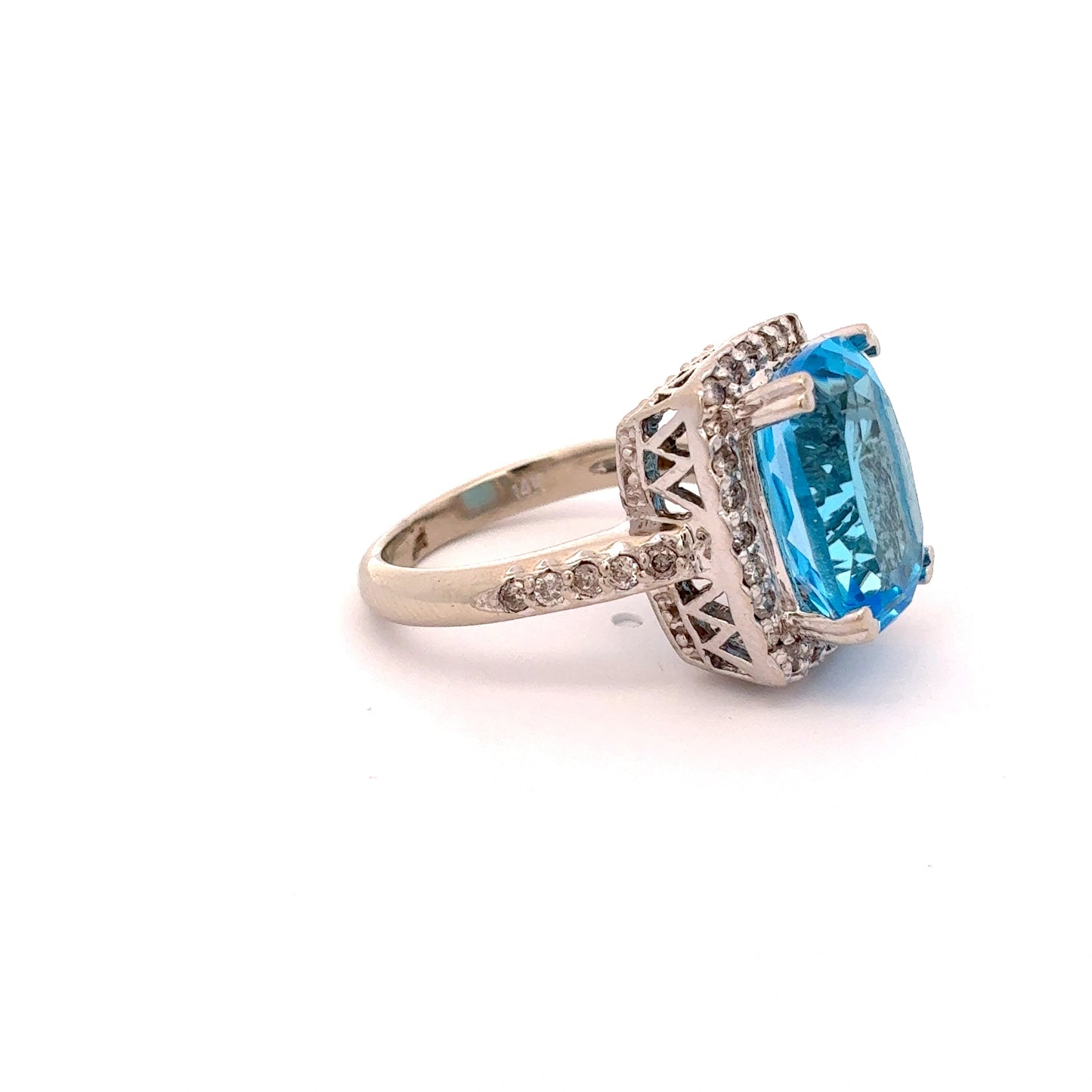 14k White Gold Blue Topaz & Diamond Ring Size 6 3/4