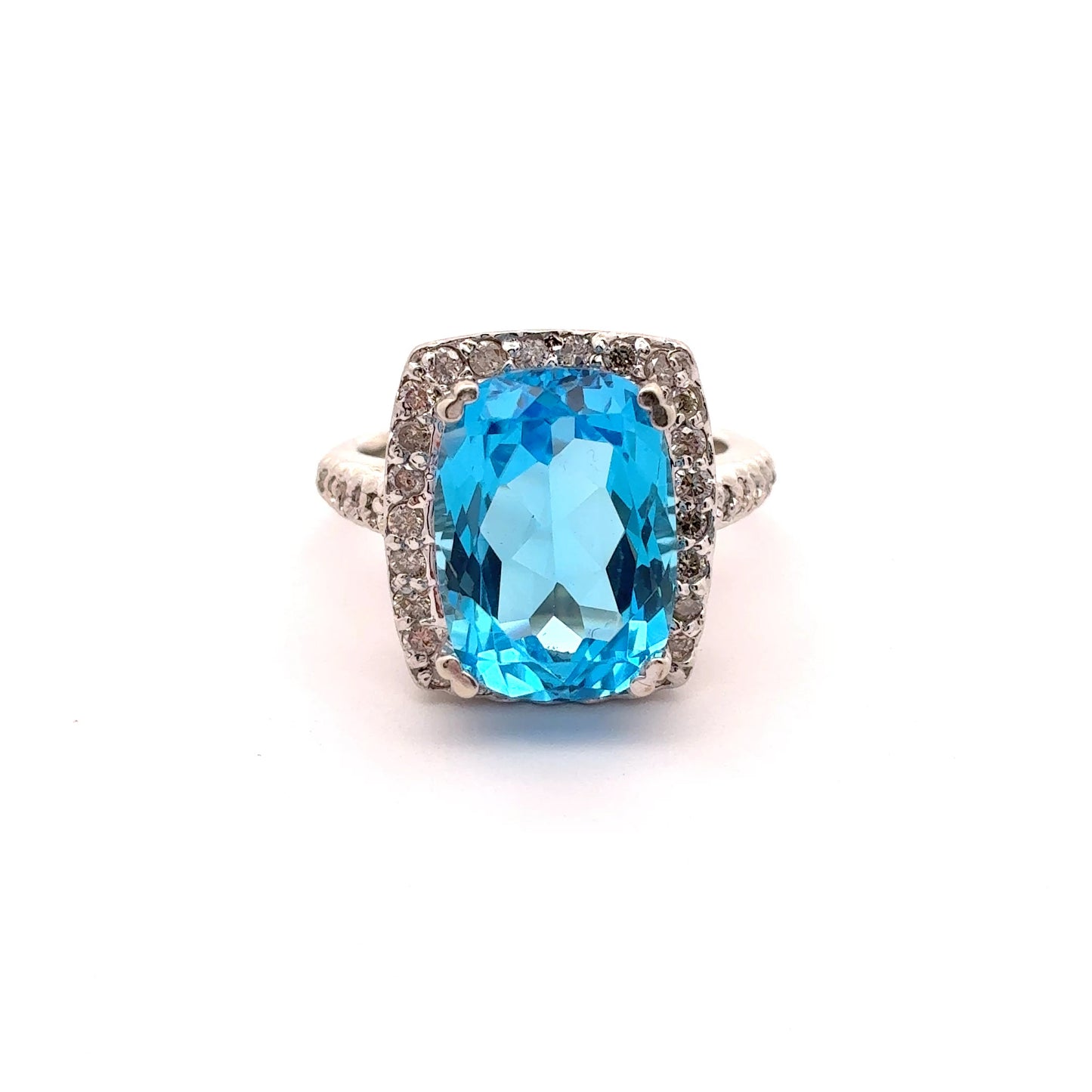 14k White Gold Blue Topaz & Diamond Ring Size 6 3/4