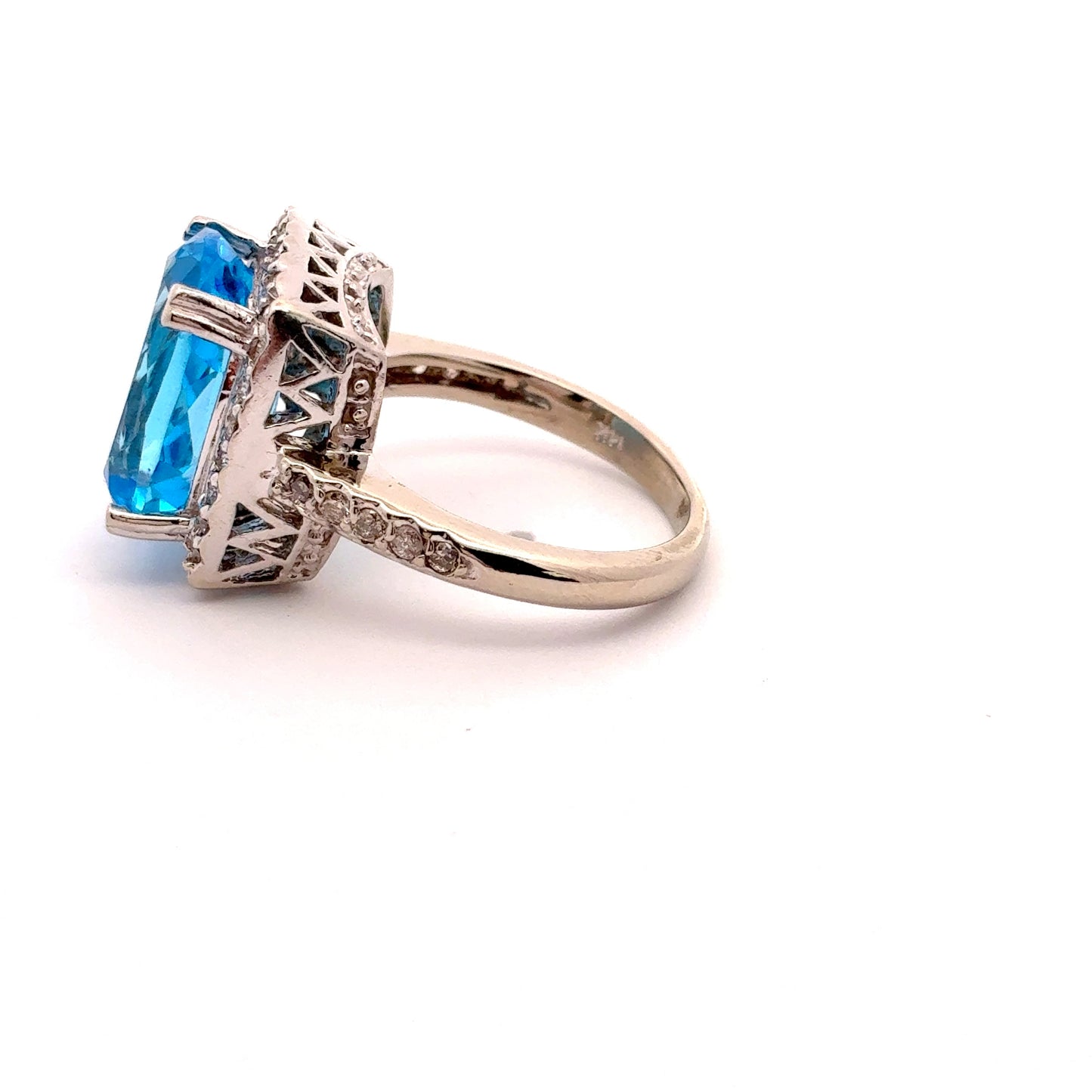 14k White Gold Blue Topaz & Diamond Ring Size 6 3/4