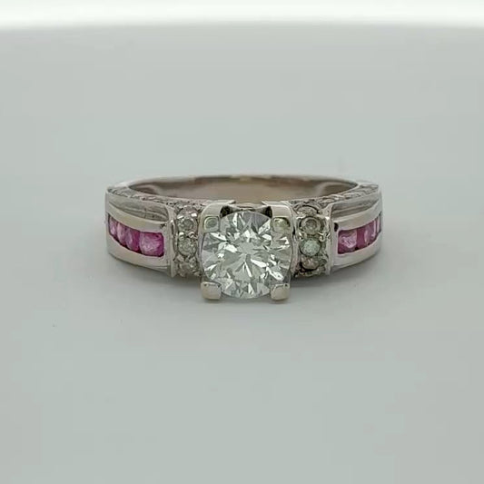 Preowned Solid 18k White Gold Diamond Engagement Wedding Ring with Rubies