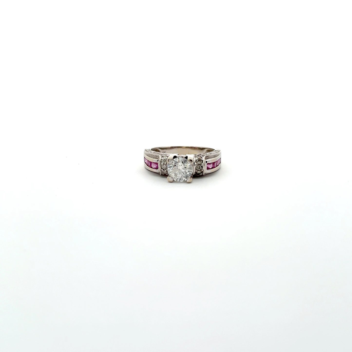 Preowned Solid 18k White Gold Diamond Engagement Wedding Ring with Rubies