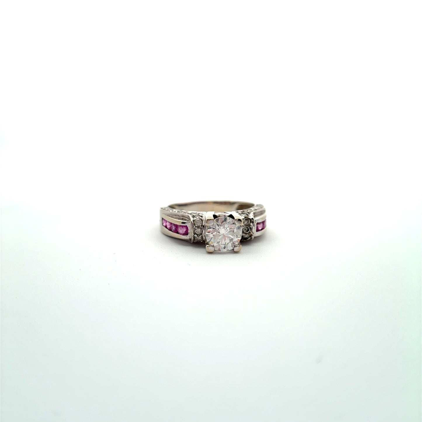 Preowned Solid 18k White Gold Diamond Engagement Wedding Ring with Rubies