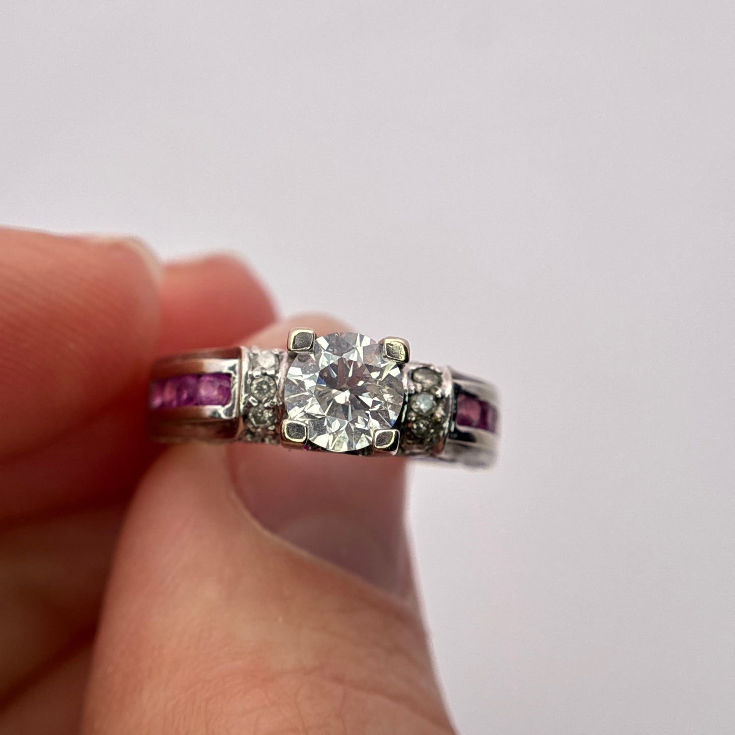 Preowned Solid 18k White Gold Diamond Engagement Wedding Ring with Rubies