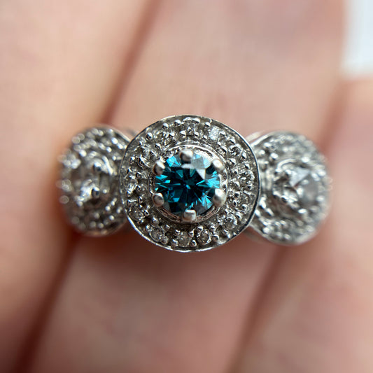 Teal Blue Diamond Center Halo Pinky or Child's Ring 14k White Gold Preowned