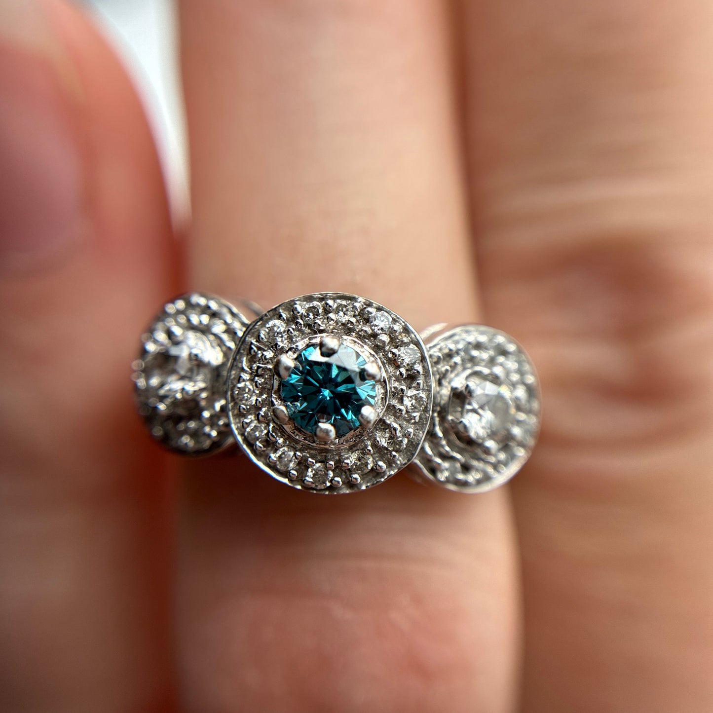 Teal Blue Diamond Center Halo Pinky or Child's Ring 14k White Gold Preowned