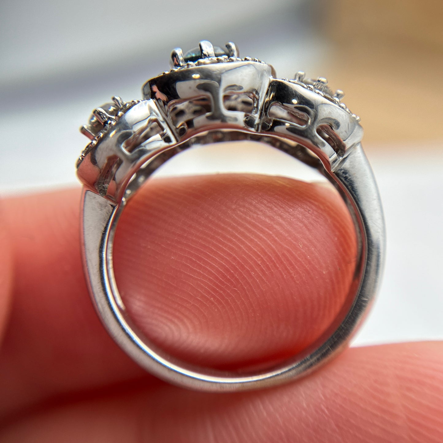 Teal Blue Diamond Center Halo Pinky or Child's Ring 14k White Gold Preowned