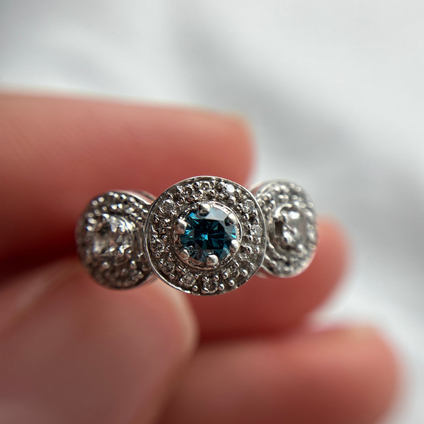 Teal Blue Diamond Center Halo Pinky or Child's Ring 14k White Gold Preowned