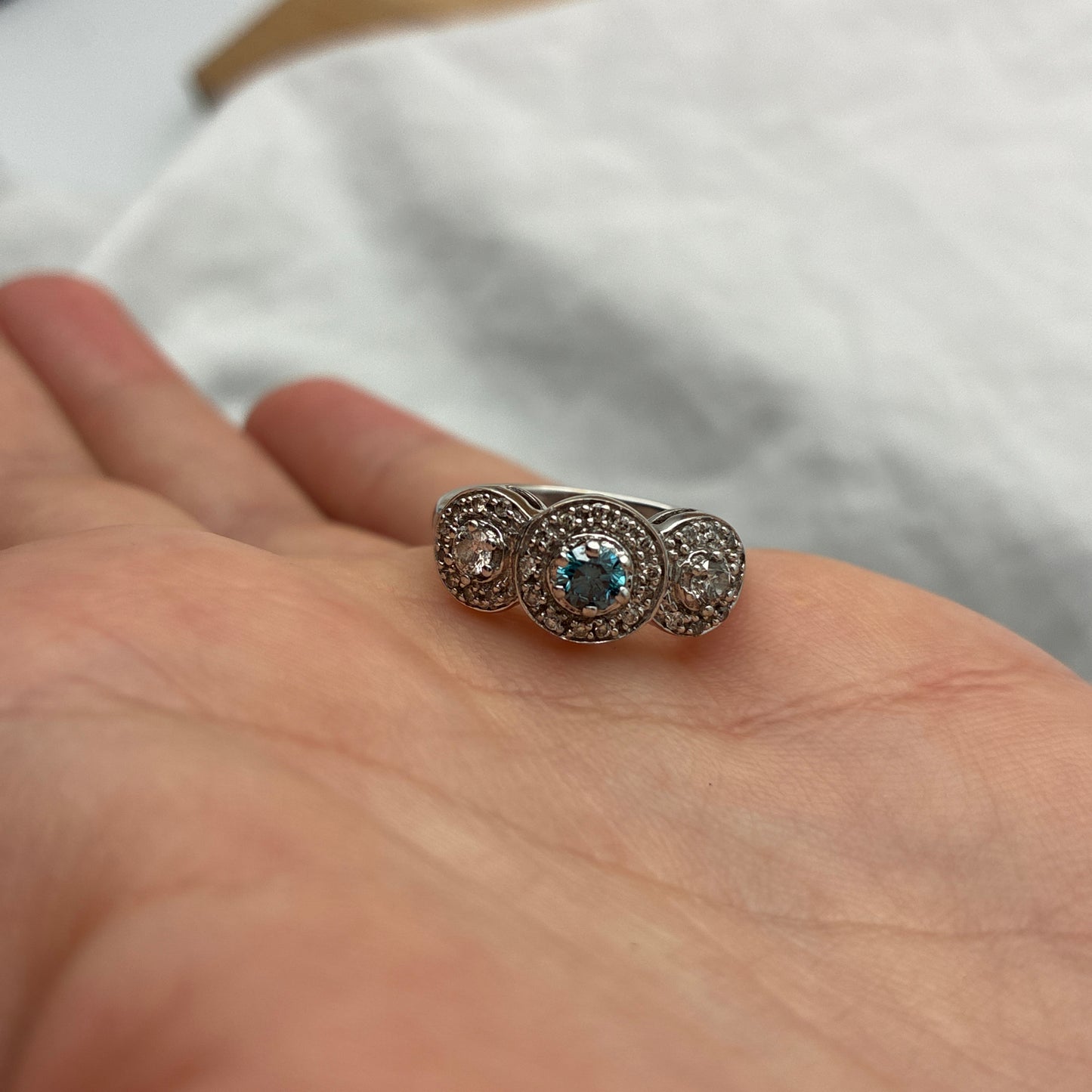 Teal Blue Diamond Center Halo Pinky or Child's Ring 14k White Gold Preowned