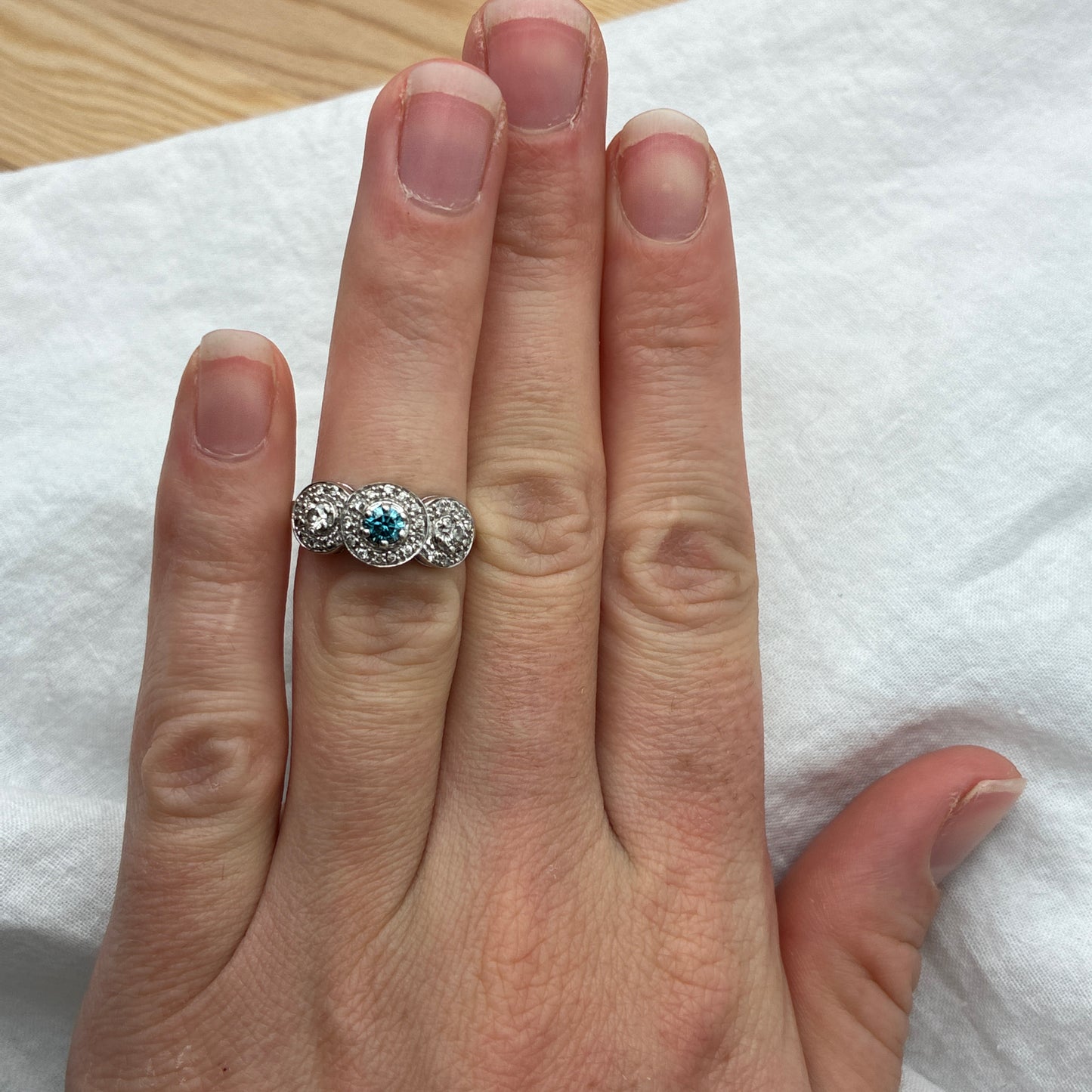 Teal Blue Diamond Center Halo Pinky or Child's Ring 14k White Gold Preowned