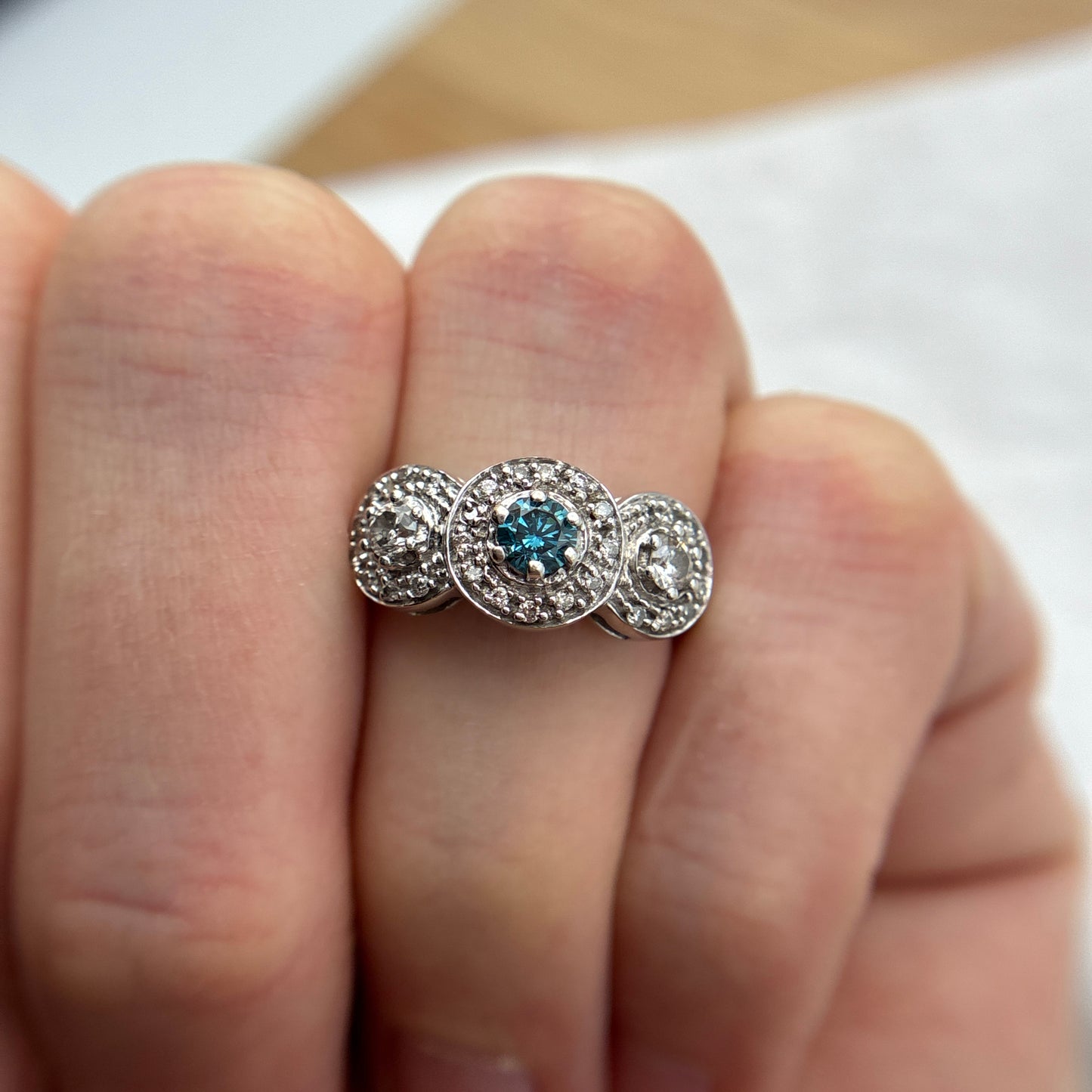 Teal Blue Diamond Center Halo Pinky or Child's Ring 14k White Gold Preowned