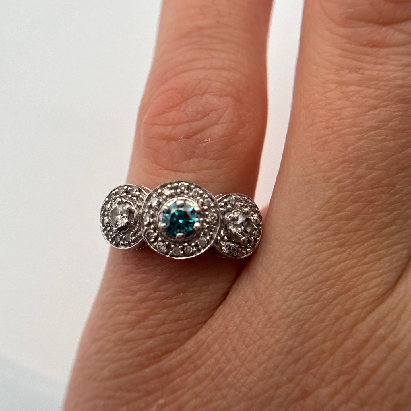Teal Blue Diamond Center Halo Pinky or Child's Ring 14k White Gold Preowned
