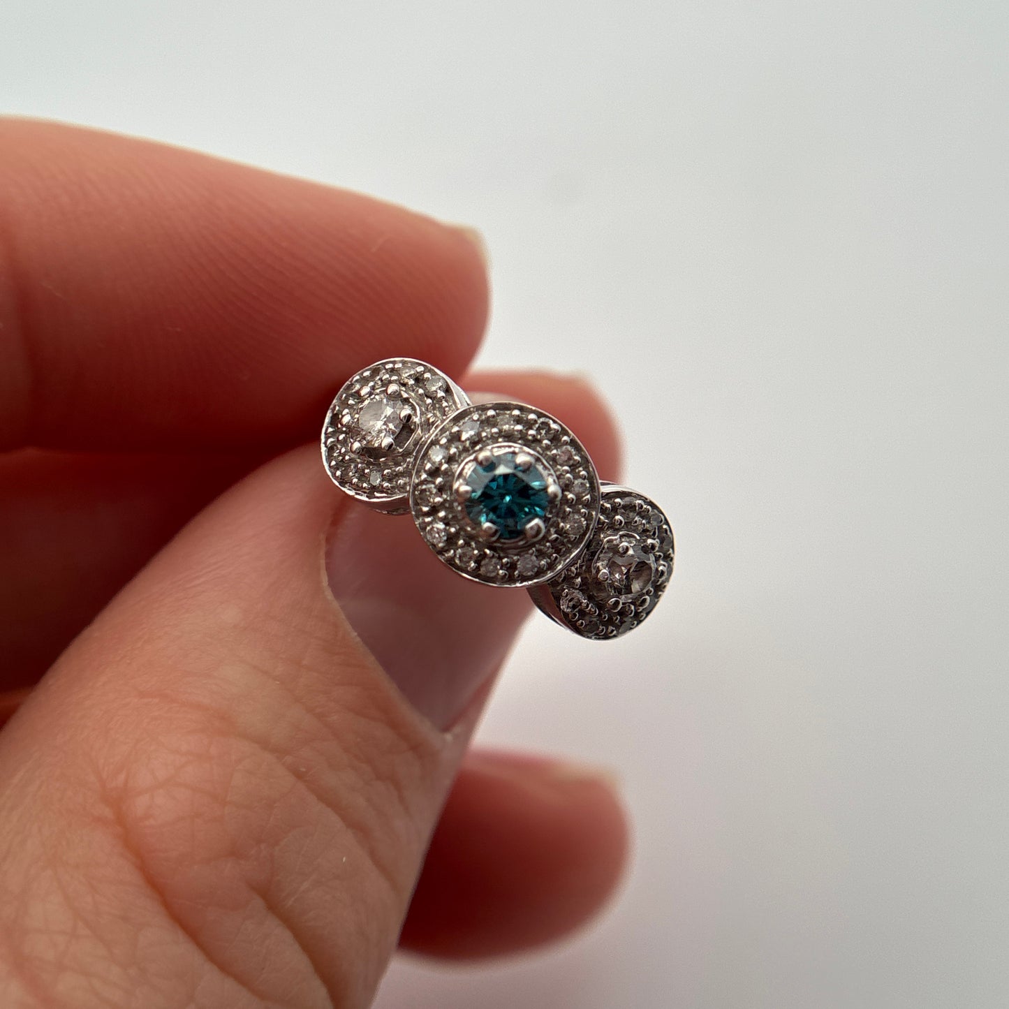 Teal Blue Diamond Center Halo Pinky or Child's Ring 14k White Gold Preowned