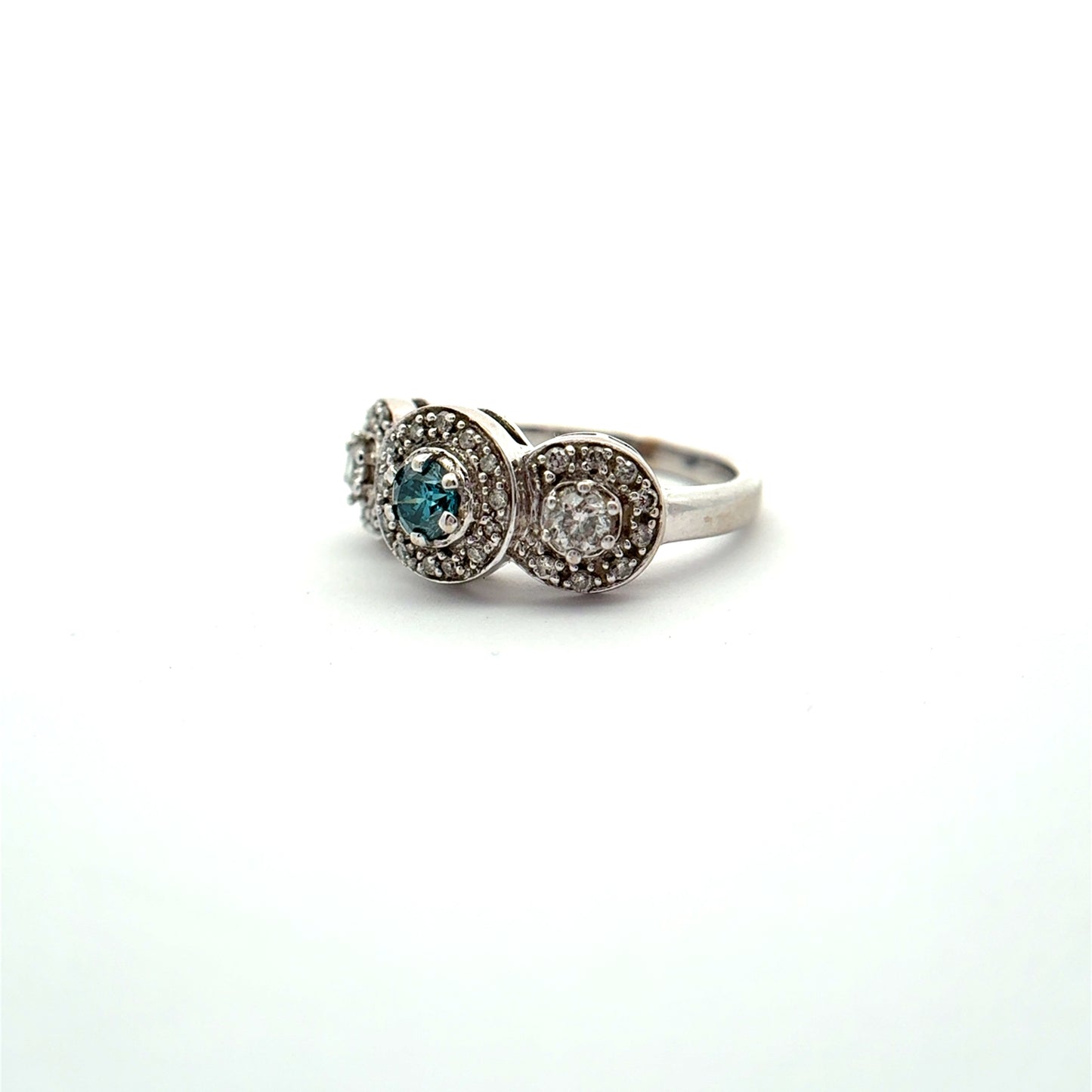 Teal Blue Diamond Center Halo Pinky or Child's Ring 14k White Gold Preowned